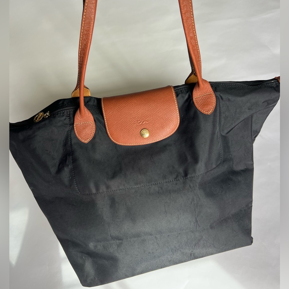 Longchamp Paris Le Pliage Tote Black Brown Leather Purse Big Bag Medium Nylon